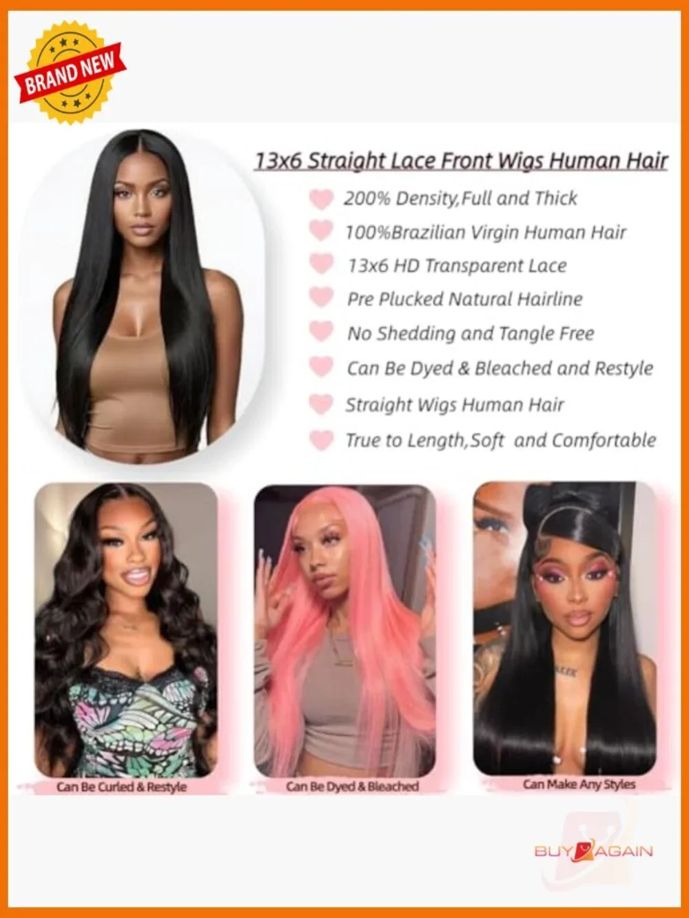 13x6 HD Lace Front Wig Human Hair 200 Density Straight Glueless